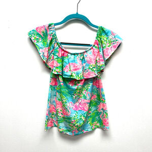Lilly Pulitzer Womens Pink Green Flamingo Off The Shoulder La Fortuna Top XXS